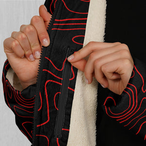 Red Topographic Zip Up Cloak (White Fur)