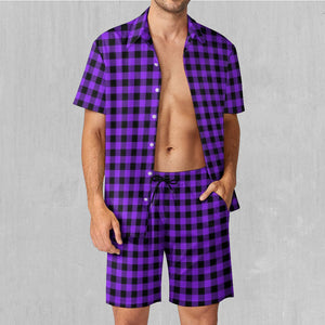 Purple Checkered Plaid Men's Beach Set