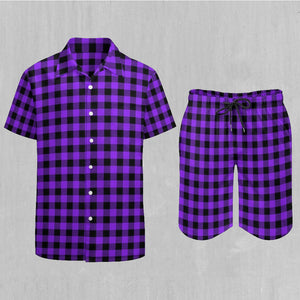 Purple Checkered Plaid Men's Beach Set