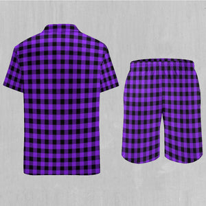 Purple Checkered Plaid Men's Beach Set