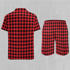 Red Checkered Plaid Men's Beach Set