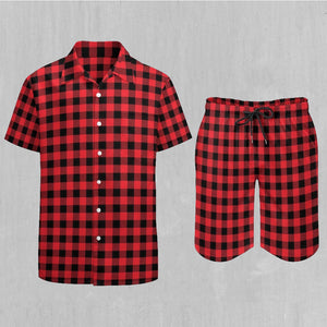 Red Checkered Plaid Men's Beach Set