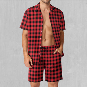 Red Checkered Plaid Men's Beach Set