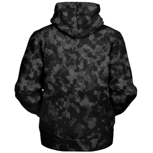 Midnight Camo Sherpa Hoodie (Black Fur) - Festival Clothing, Rave Outfits, EDM Gear