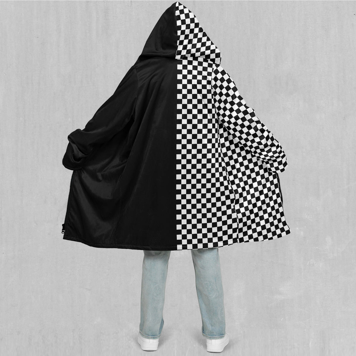 Checkerboard Zip Up Cloak (White Fur)