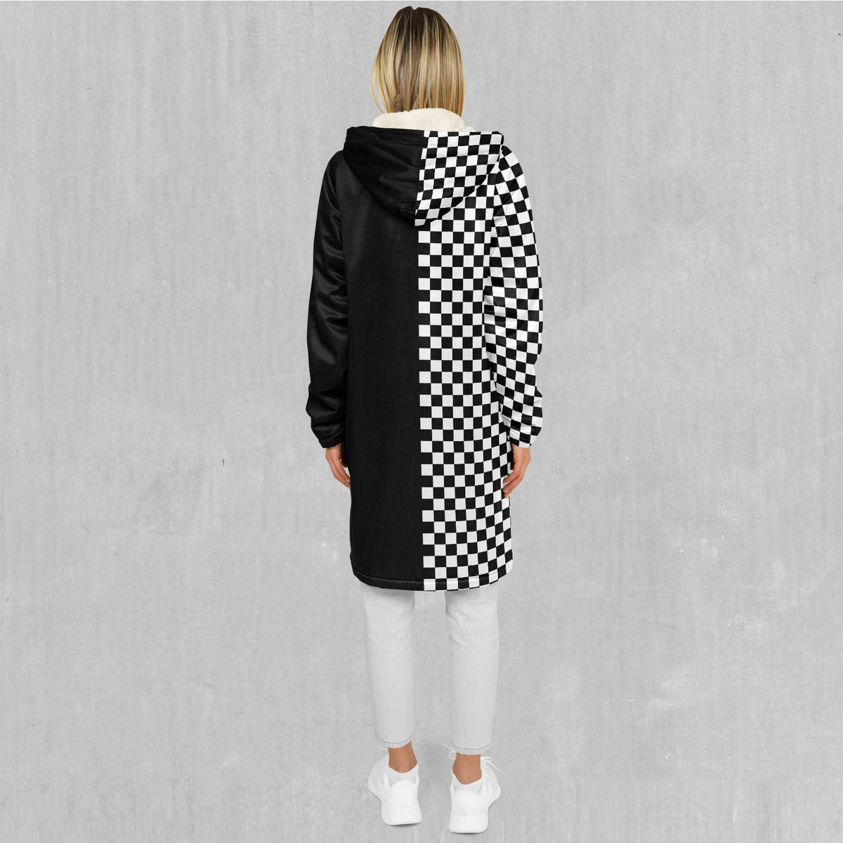 Checkerboard Zip Up Cloak (White Fur)