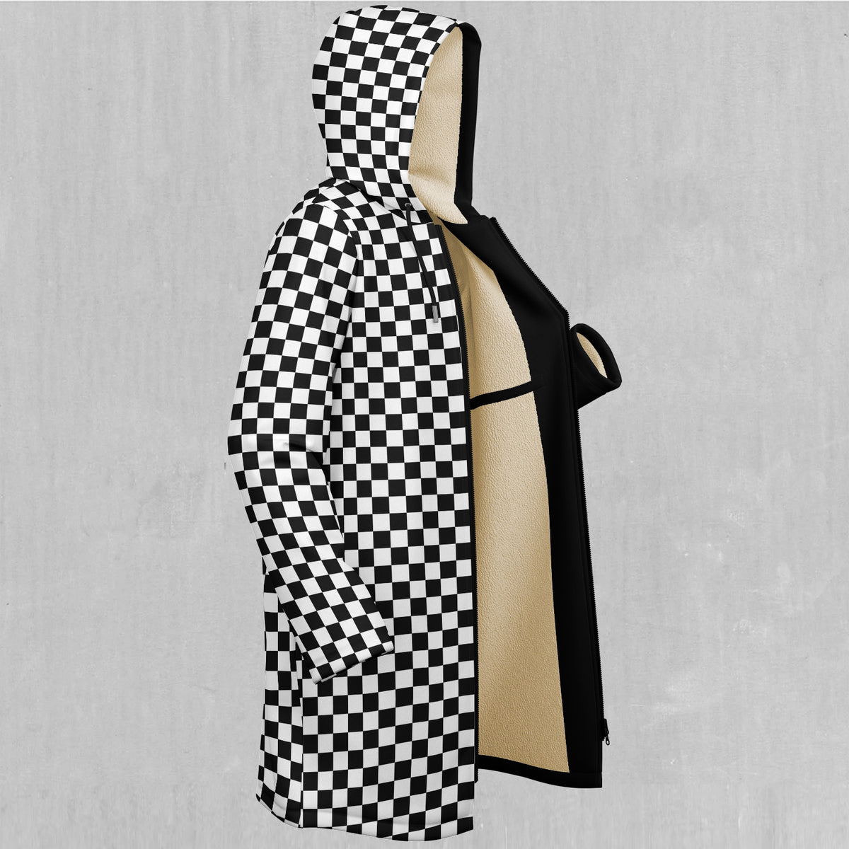 Checkerboard Zip Up Cloak (White Fur)
