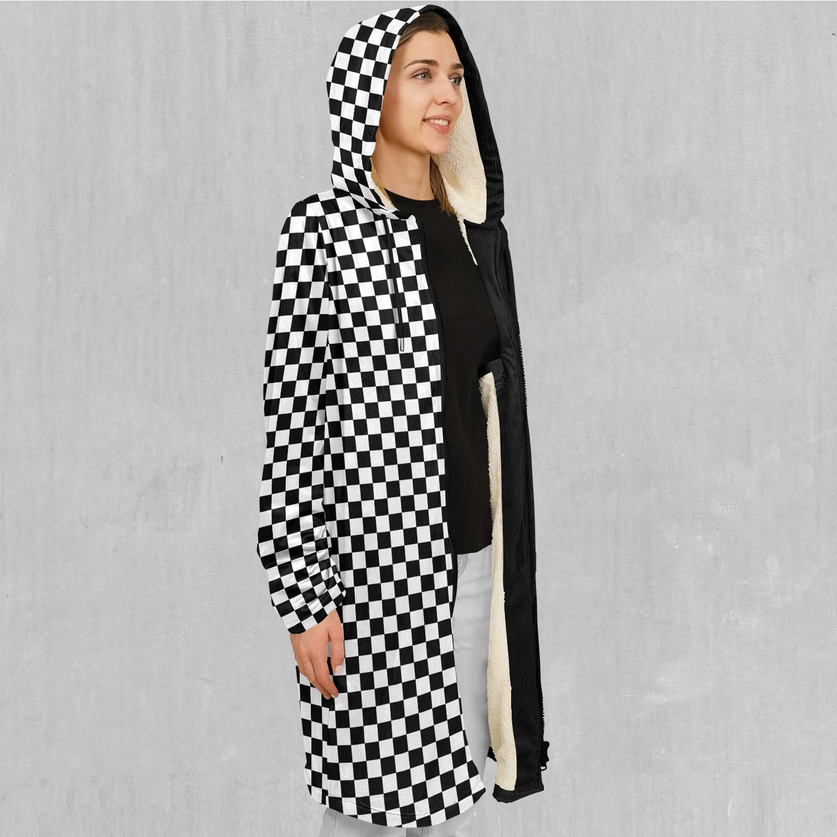 Checkerboard Zip Up Cloak (White Fur)