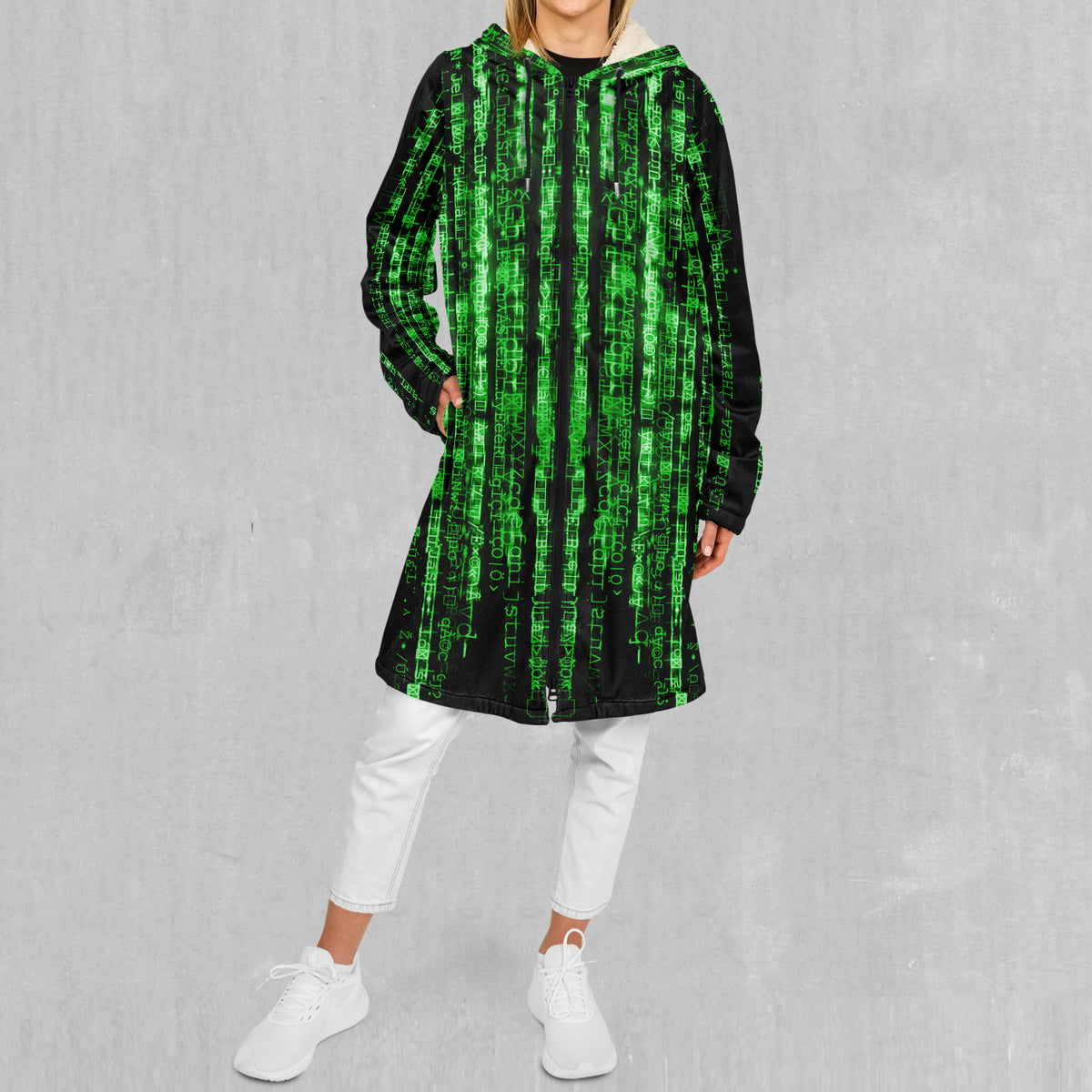 Digital Rain Zip Up Cloak (White Fur)