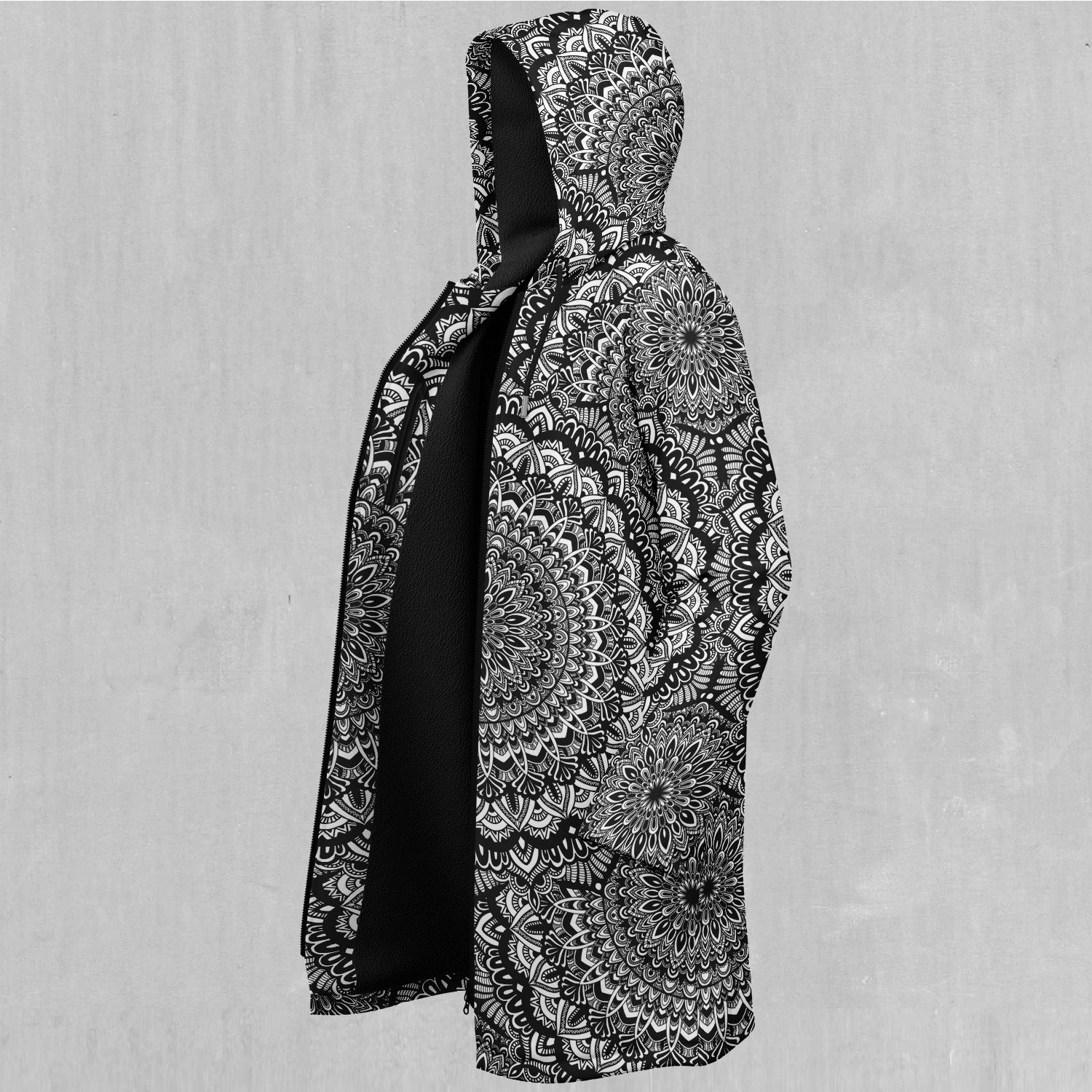 Floral Mandala Zip Up Cloak (Black Fur)