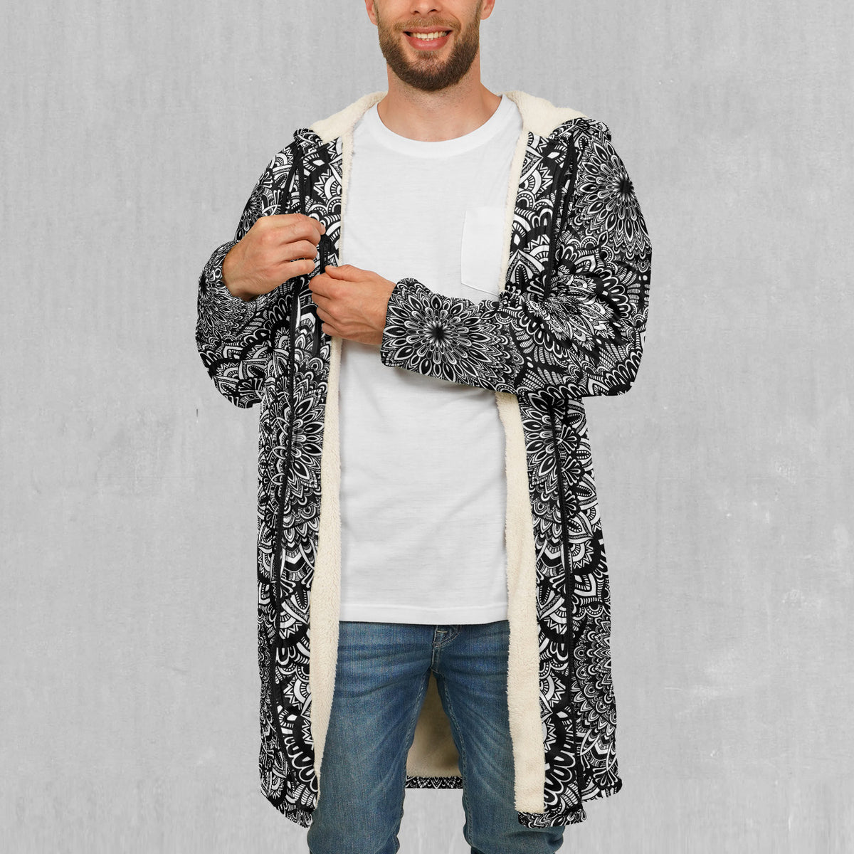 Floral Mandala Zip Up Cloak (White Fur)
