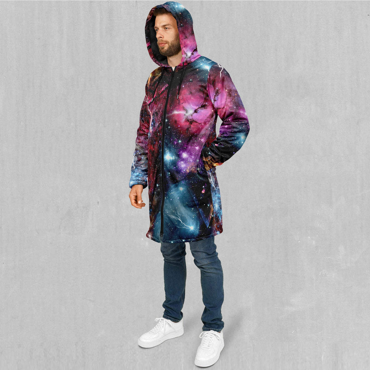 Galaxies Collide Zip Up Cloak (Black Fur)
