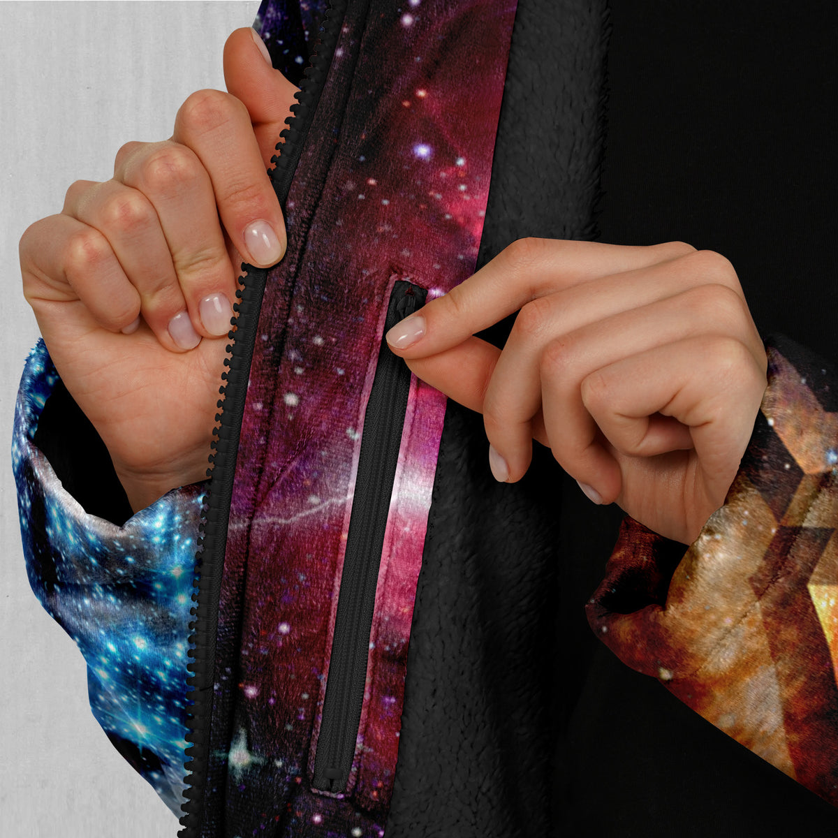 Galaxies Collide Zip Up Cloak (Black Fur)