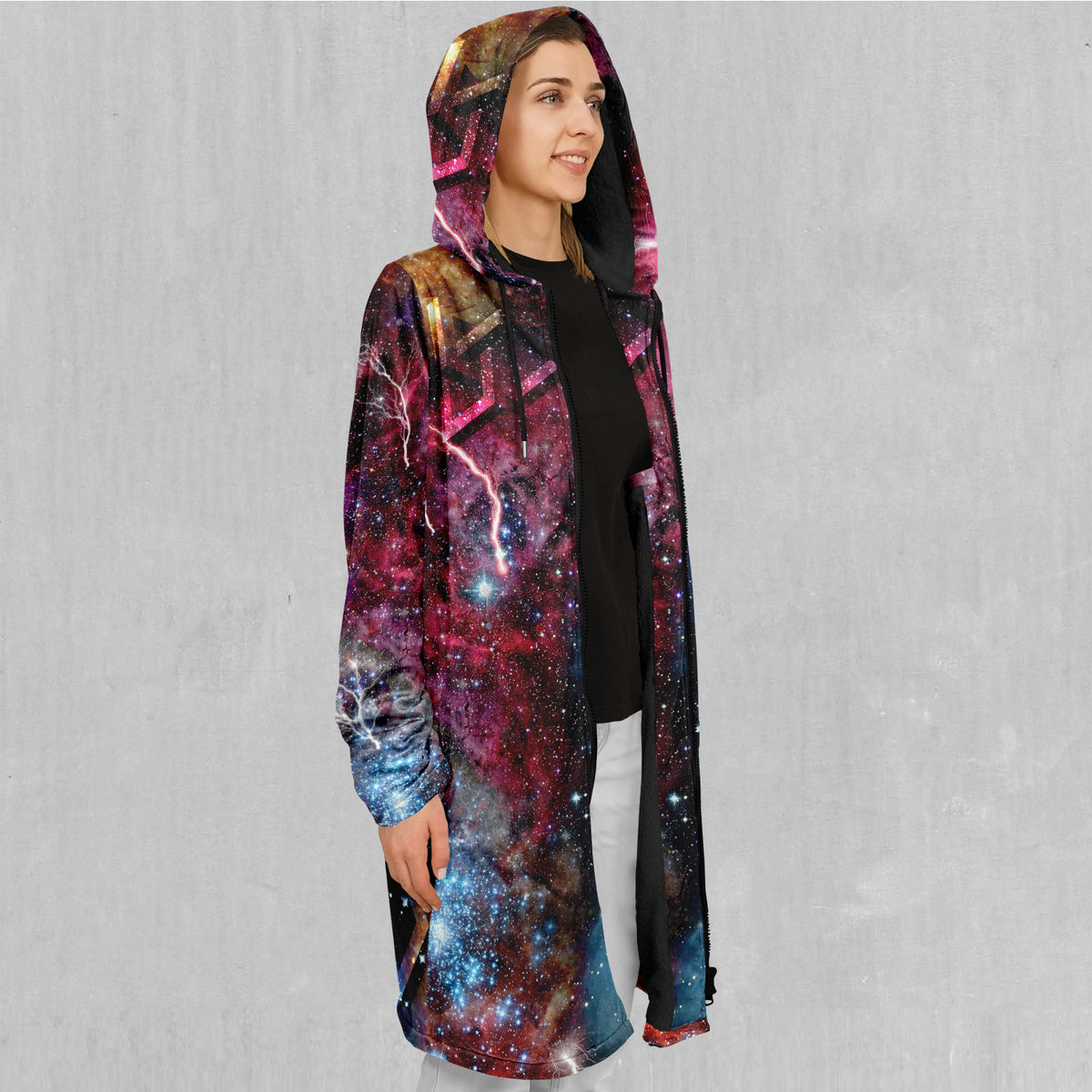 Galaxies Collide Zip Up Cloak (Black Fur)