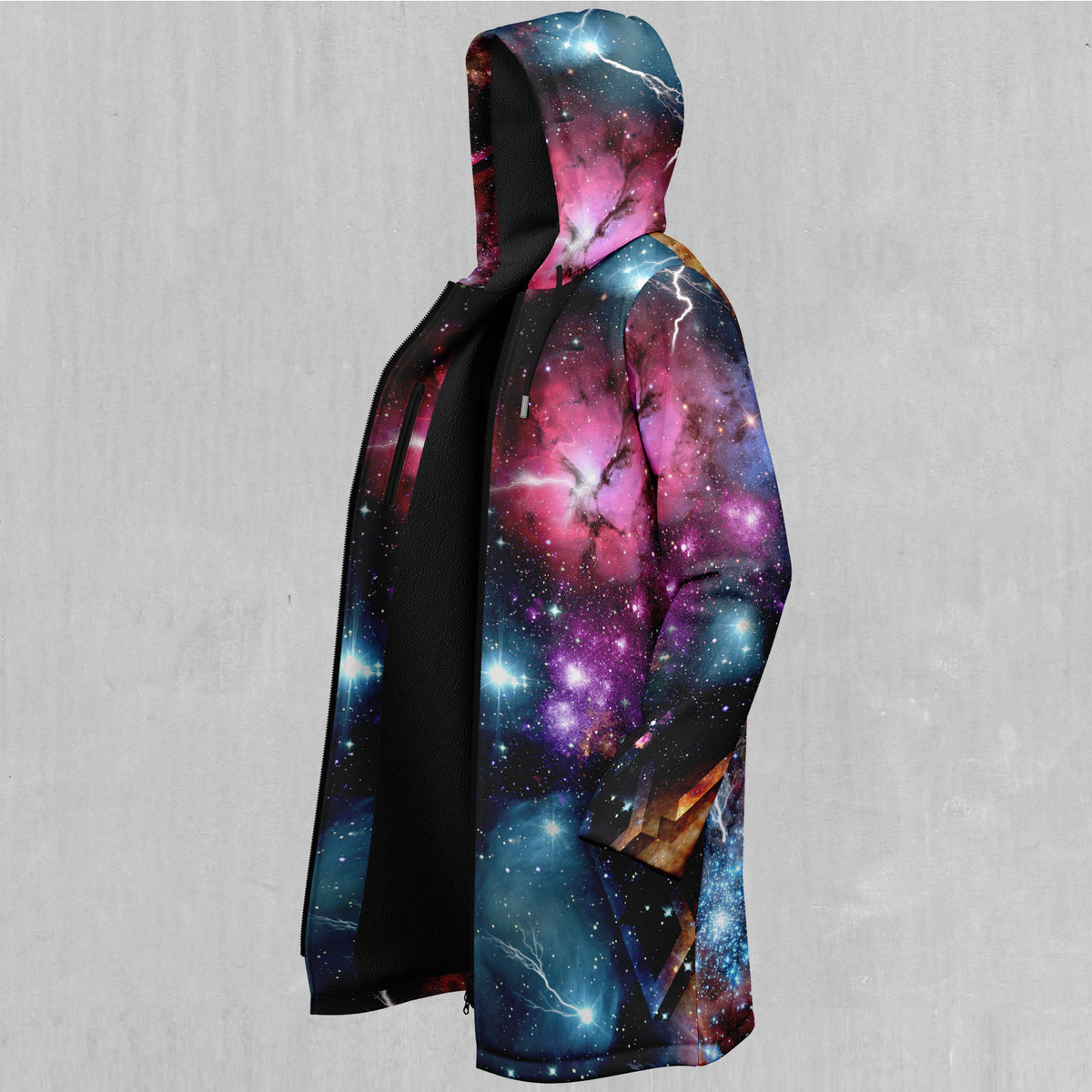 Galaxies Collide Zip Up Cloak (Black Fur)