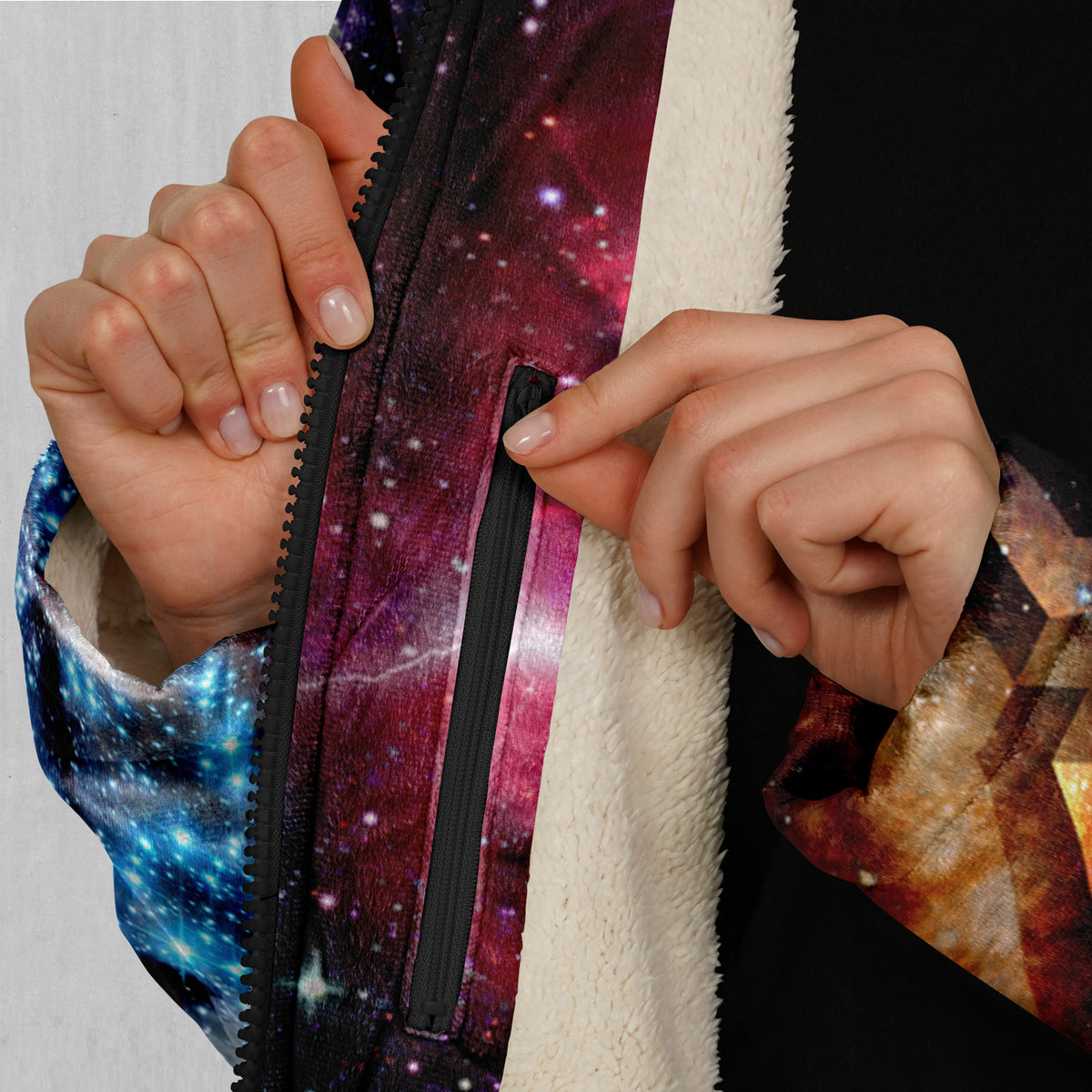 Galaxies Collide Zip Up Cloak (White Fur)