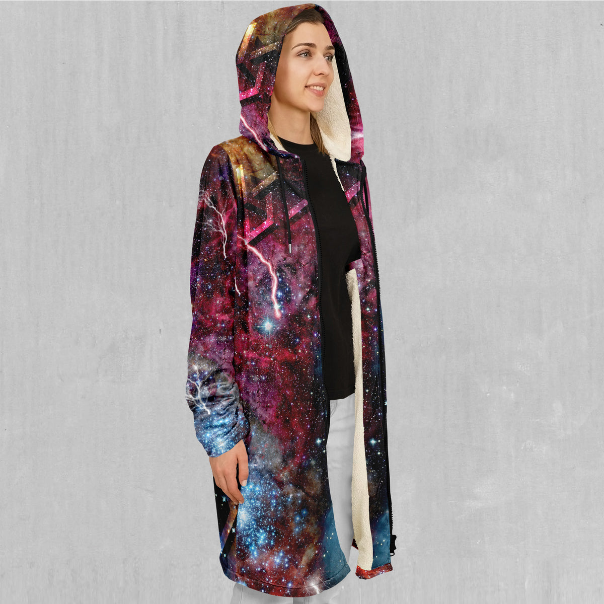 Galaxies Collide Zip Up Cloak (White Fur)