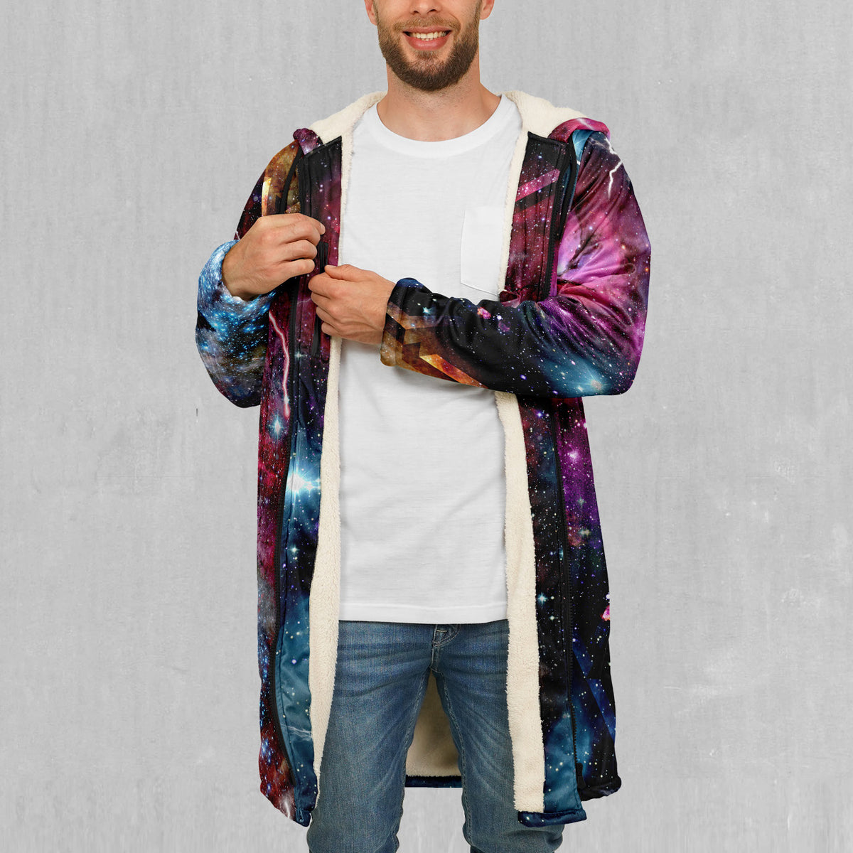 Galaxies Collide Zip Up Cloak (White Fur)