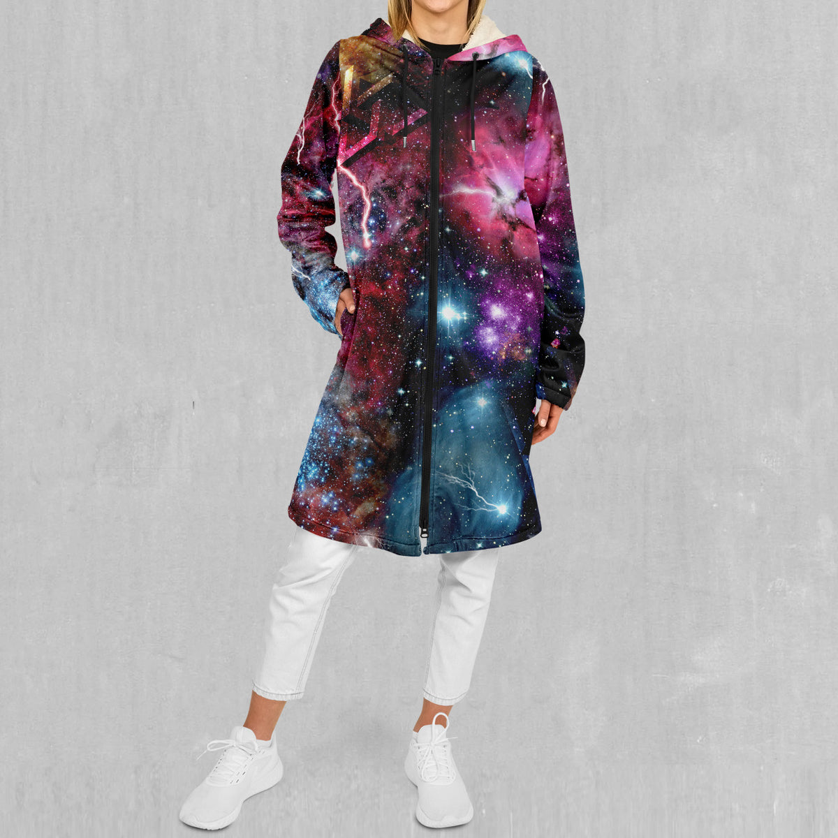 Galaxies Collide Zip Up Cloak (White Fur)