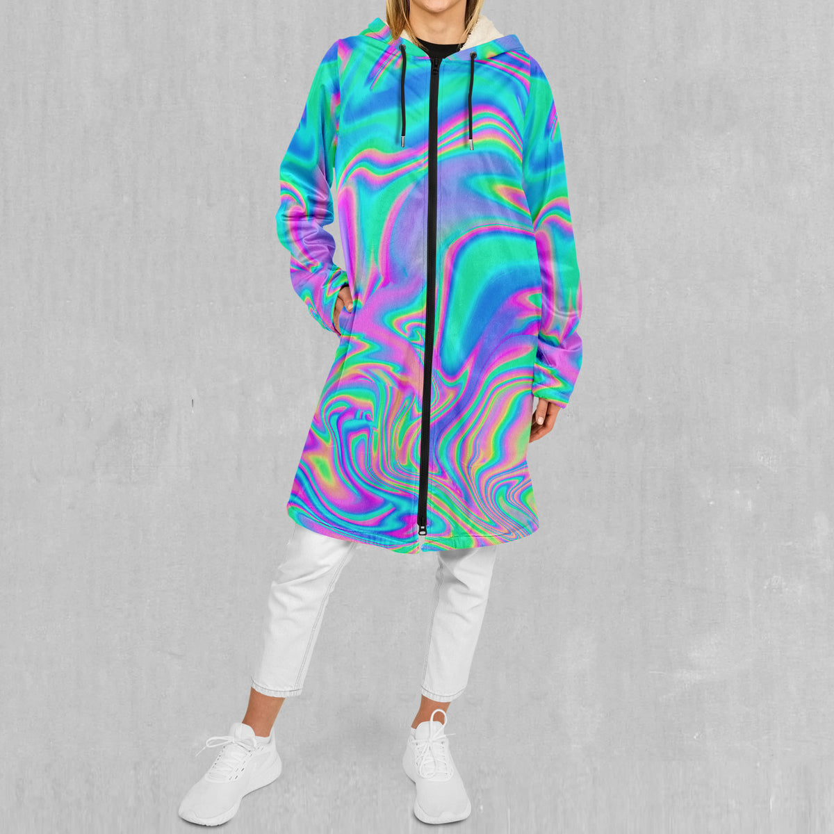 Holographic Zip Up Cloak (White Fur)