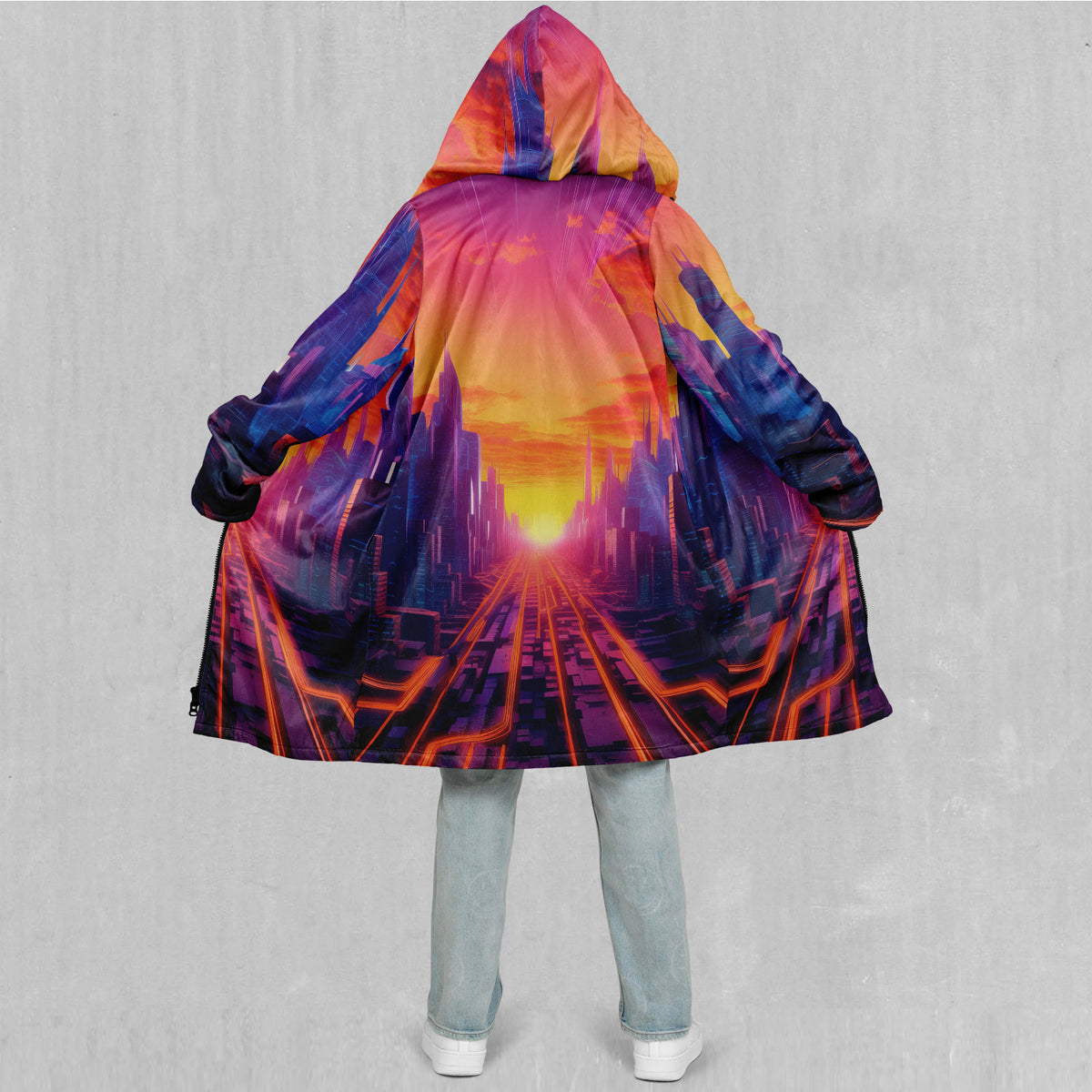 Neon Skyline Zip Up Cloak (Black Fur)