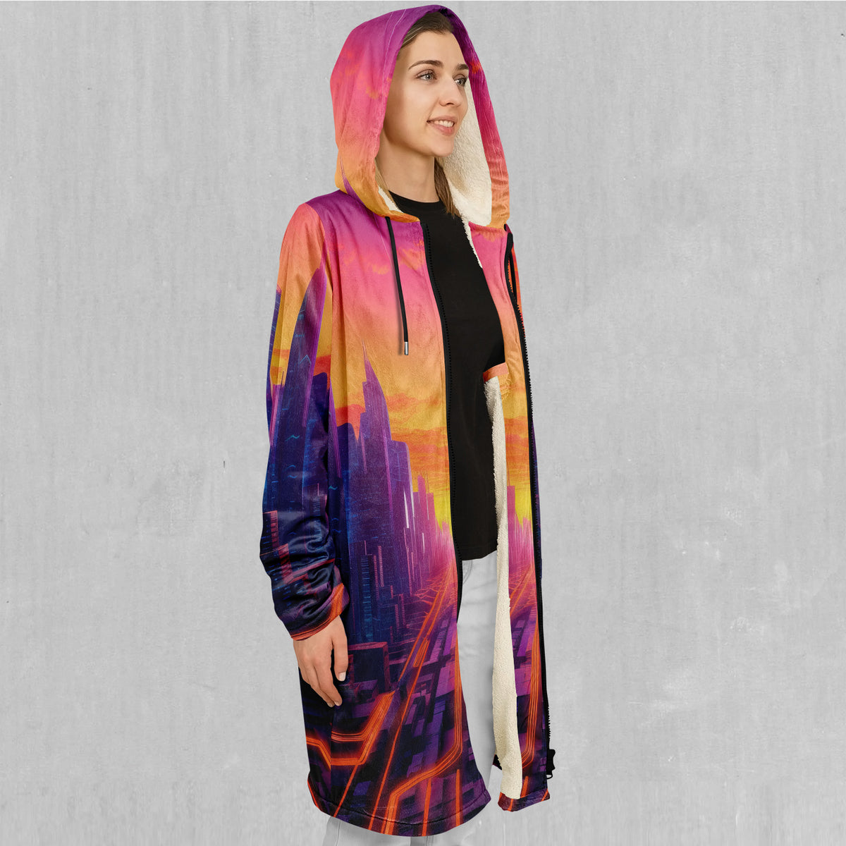 Neon Skyline Zip Up Cloak (White Fur)