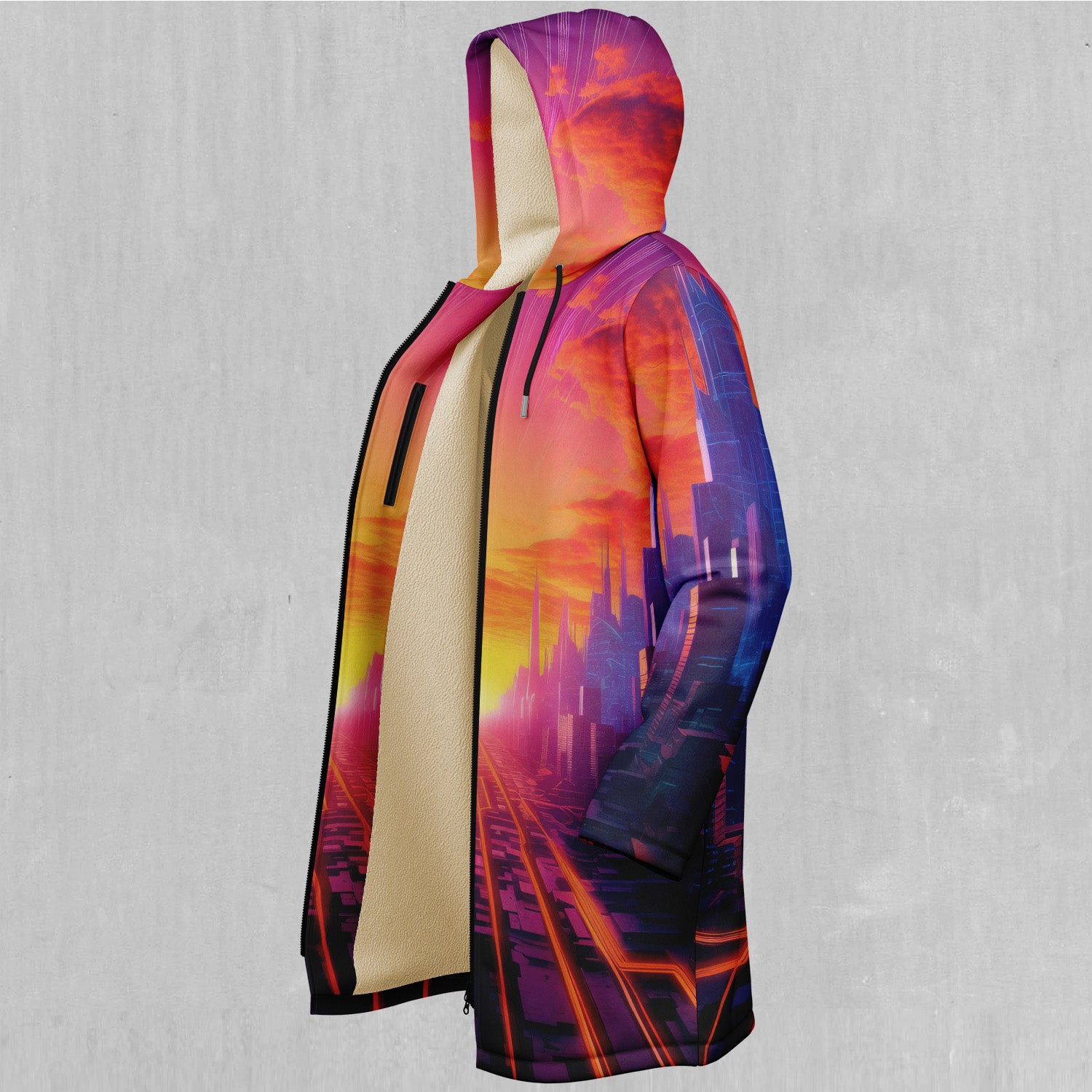 Neon Skyline Zip Up Cloak (White Fur)