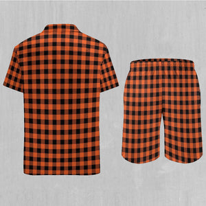 Orange Checkered Plaid Men's Beach Set