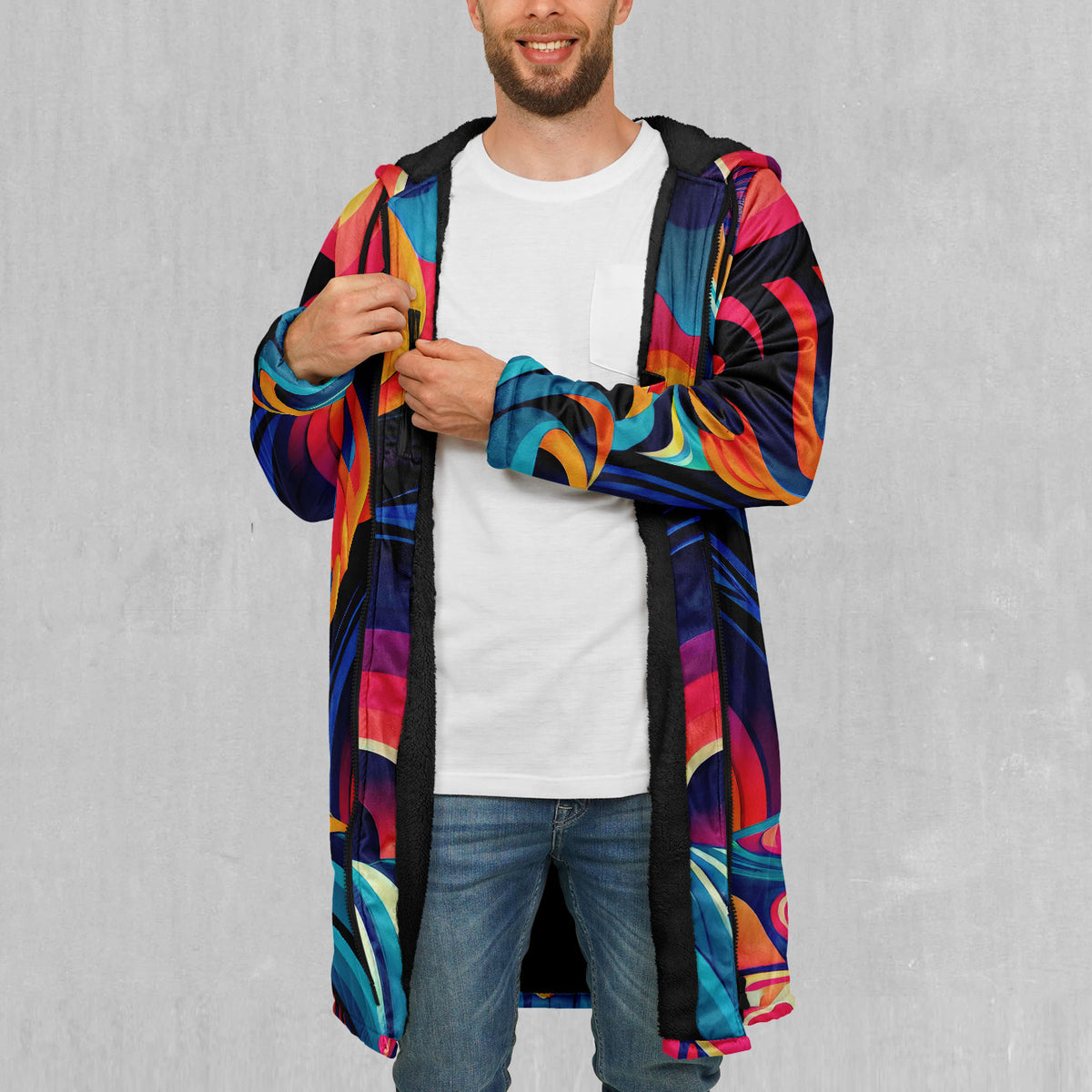 Psychedelic Vortex Zip Up Cloak (Black Fur)