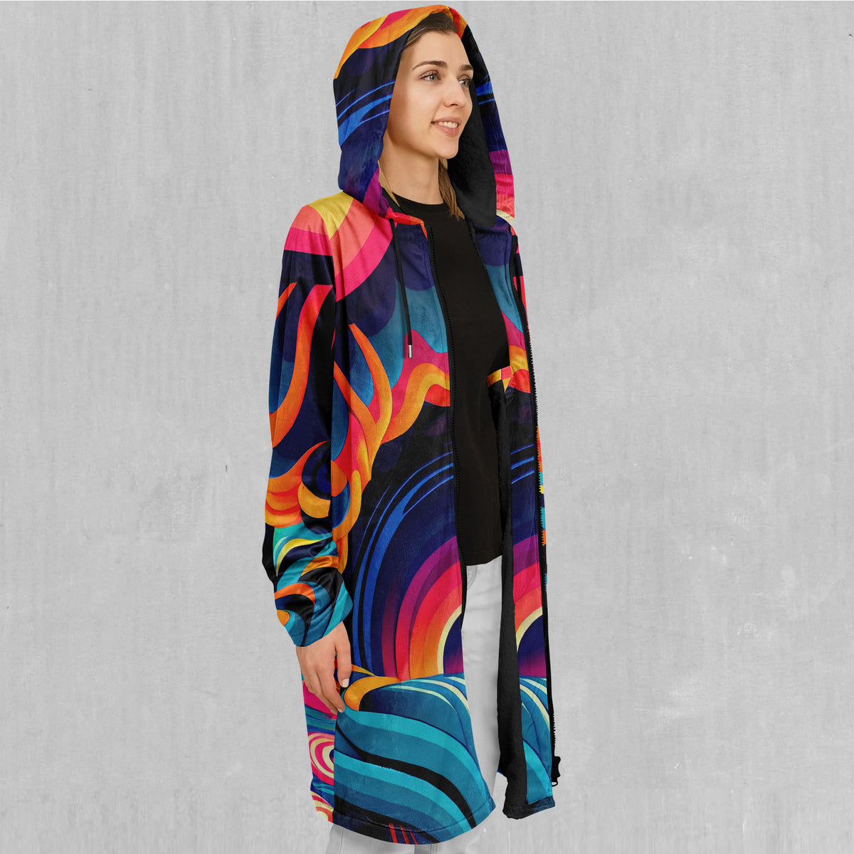 Psychedelic Vortex Zip Up Cloak (Black Fur)