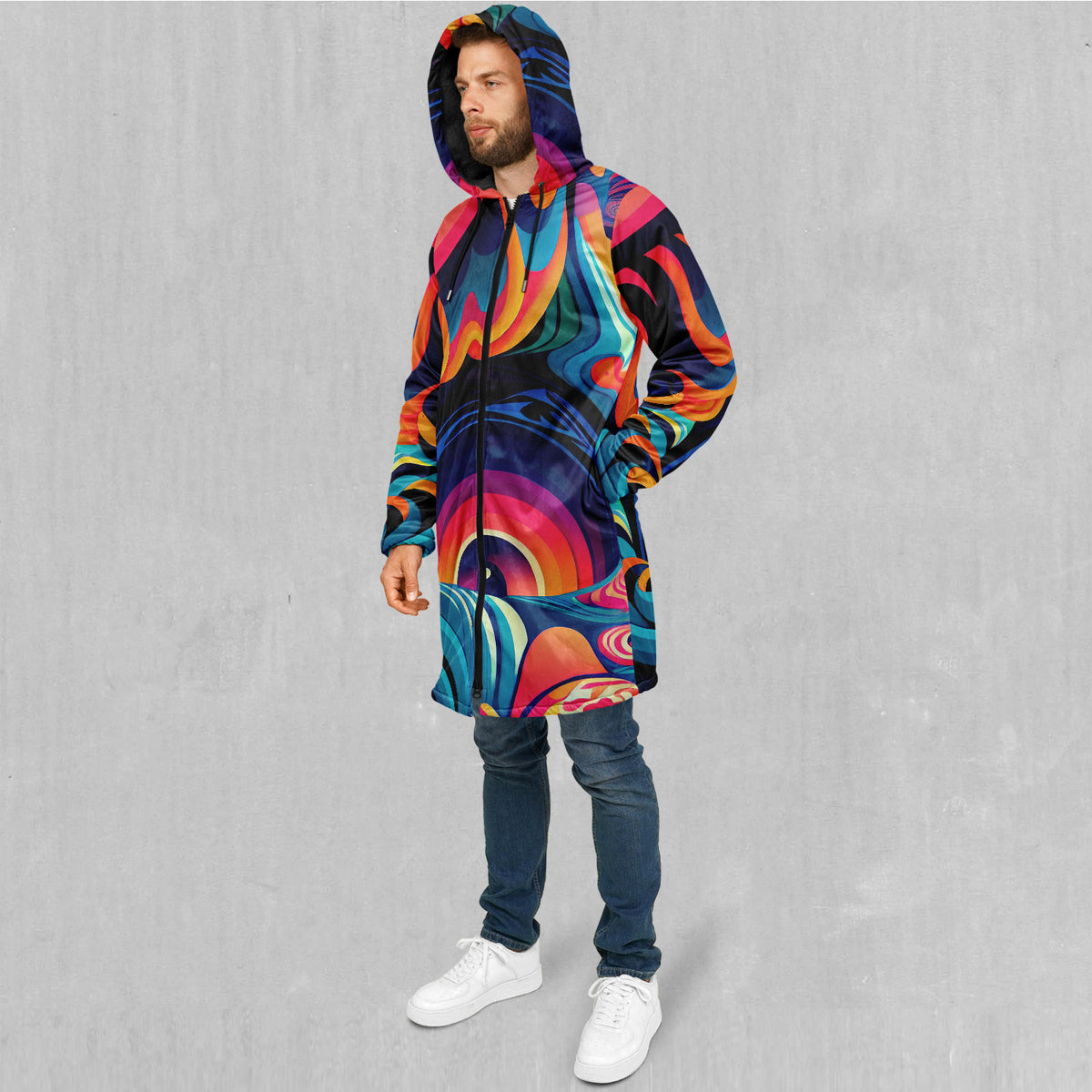 Psychedelic Vortex Zip Up Cloak (Black Fur)
