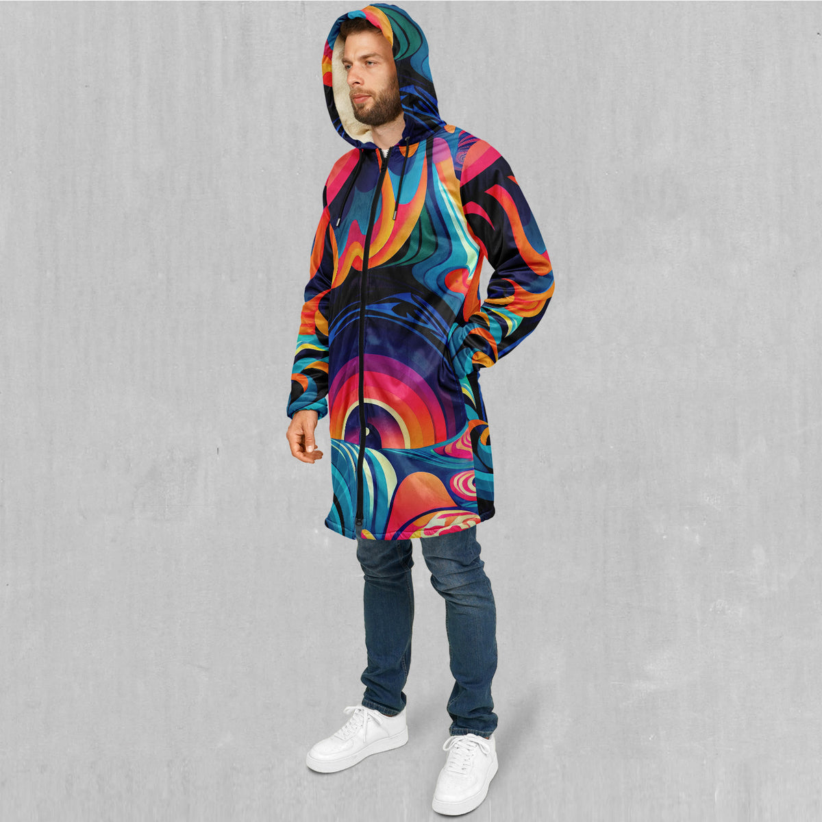Psychedelic Vortex Zip Up Cloak (White Fur)