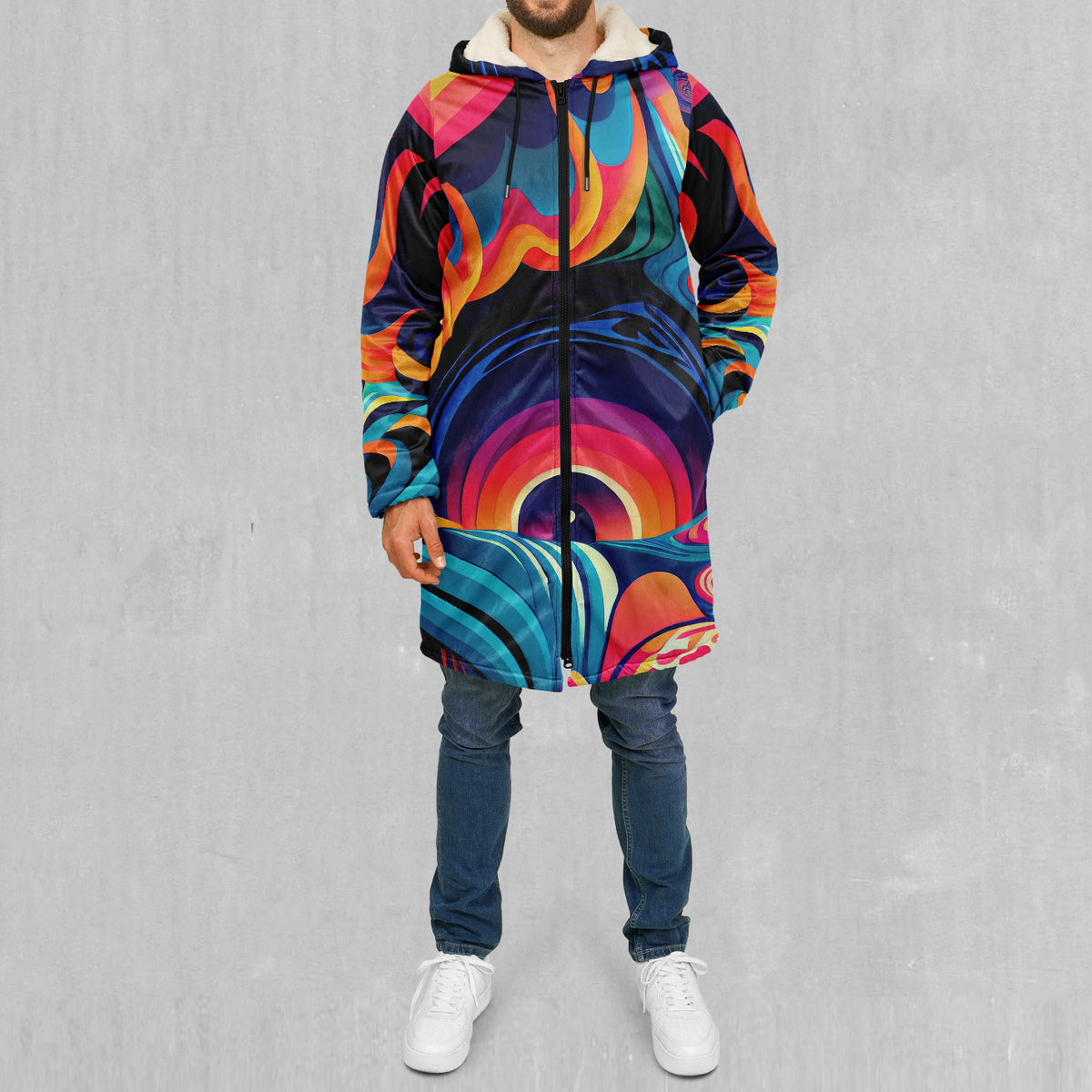 Psychedelic Vortex Zip Up Cloak (White Fur)