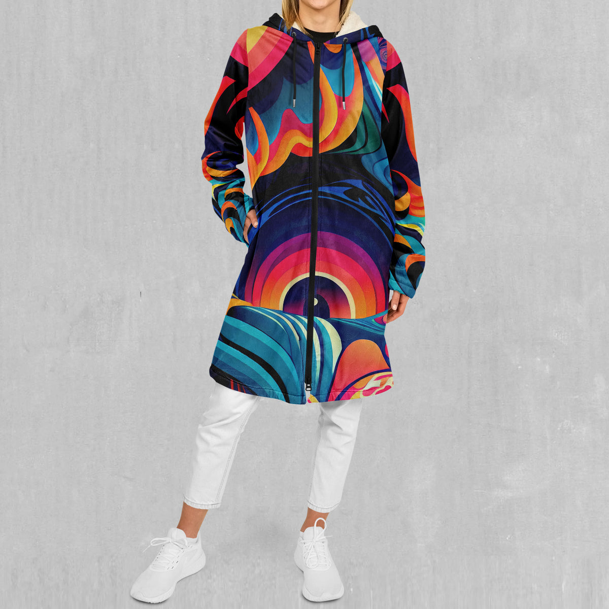 Psychedelic Vortex Zip Up Cloak (White Fur)