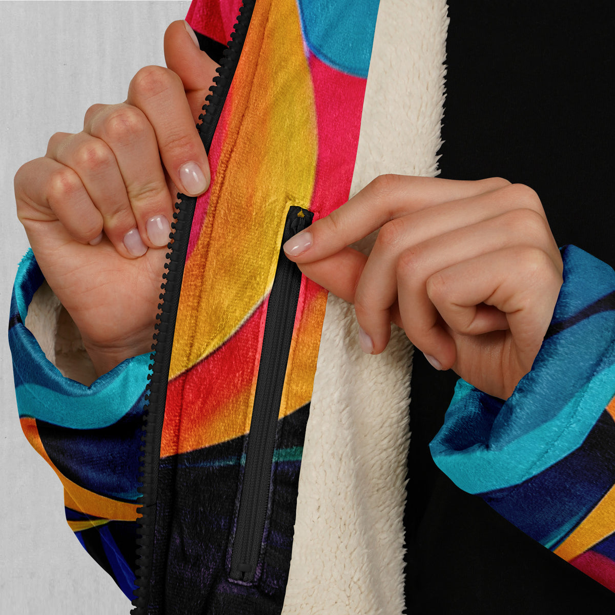 Psychedelic Vortex Zip Up Cloak (White Fur)