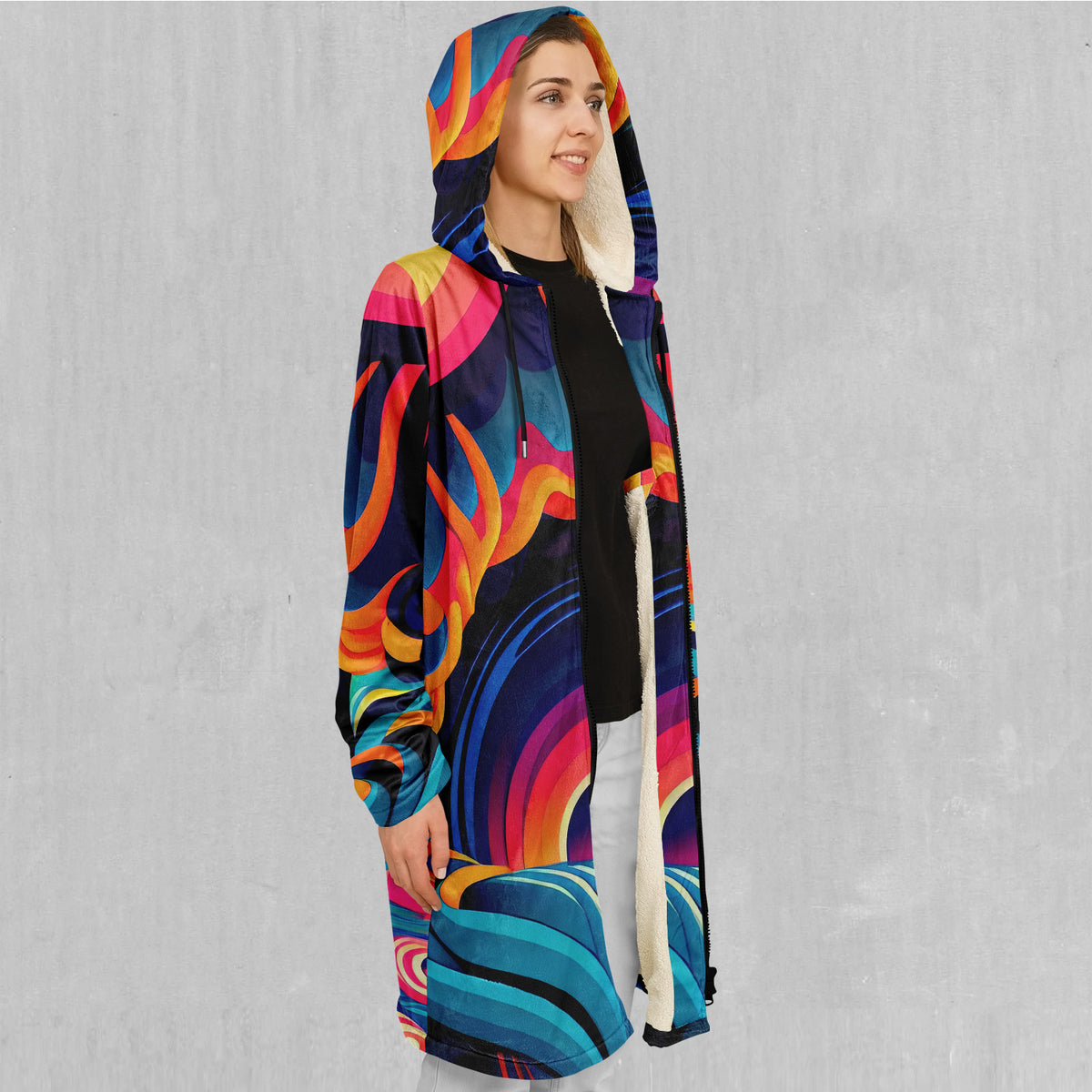 Psychedelic Vortex Zip Up Cloak (White Fur)
