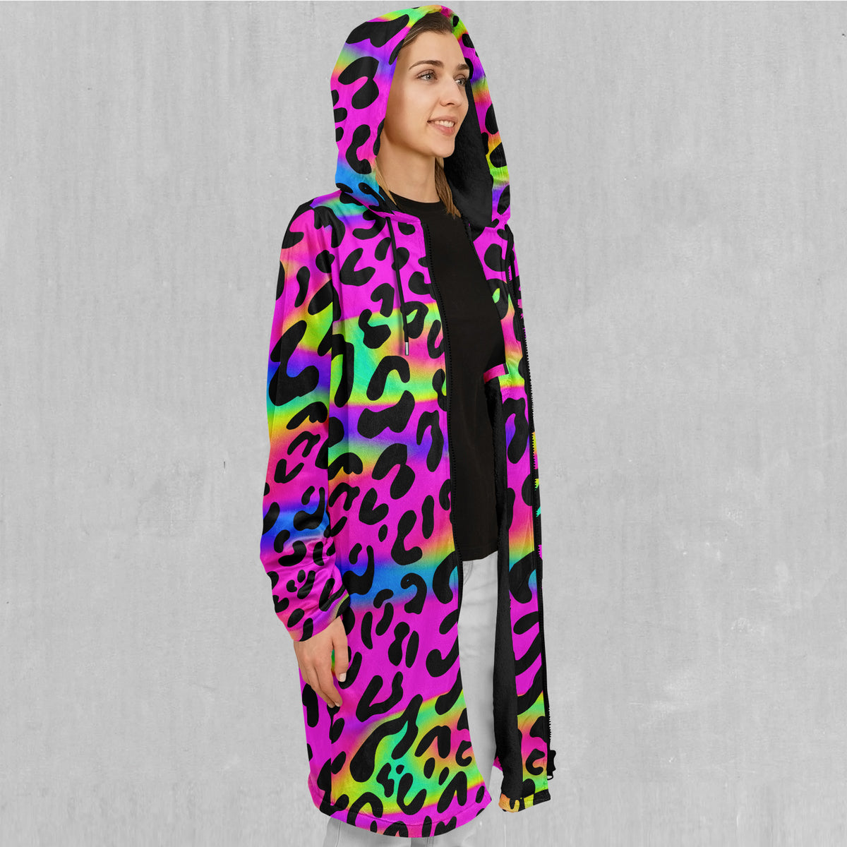 Rave Leopard Zip Up Cloak (Black Fur)