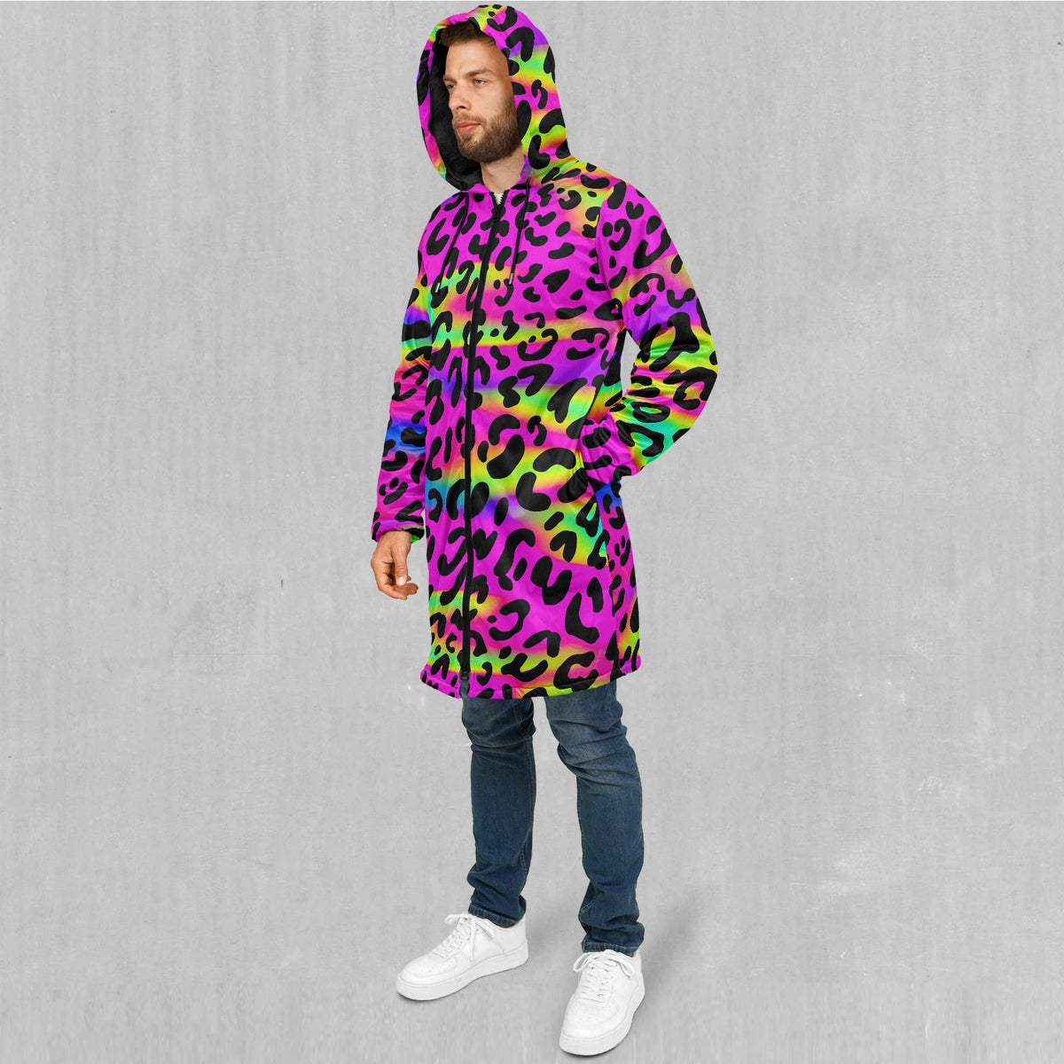 Rave Leopard Zip Up Cloak (Black Fur)