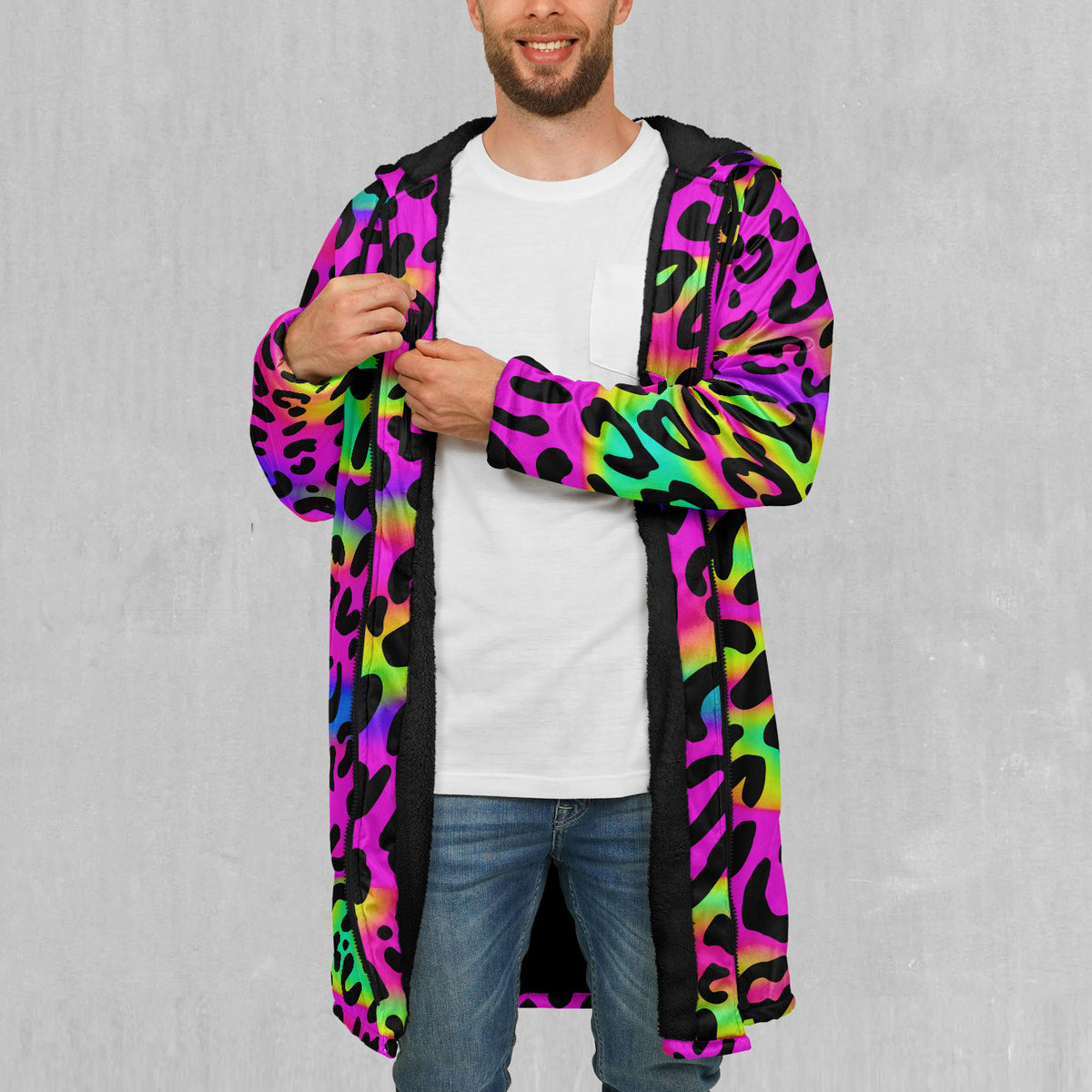 Rave Leopard Zip Up Cloak (Black Fur)