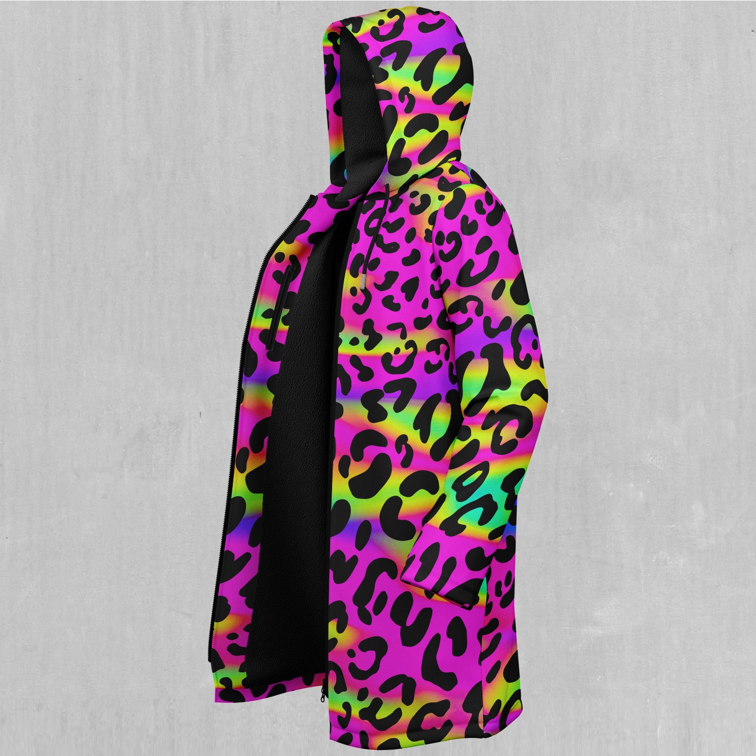 Rave Leopard Zip Up Cloak (Black Fur)