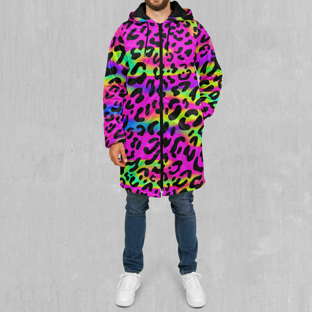 Rave Leopard Zip Up Cloak (Black Fur)