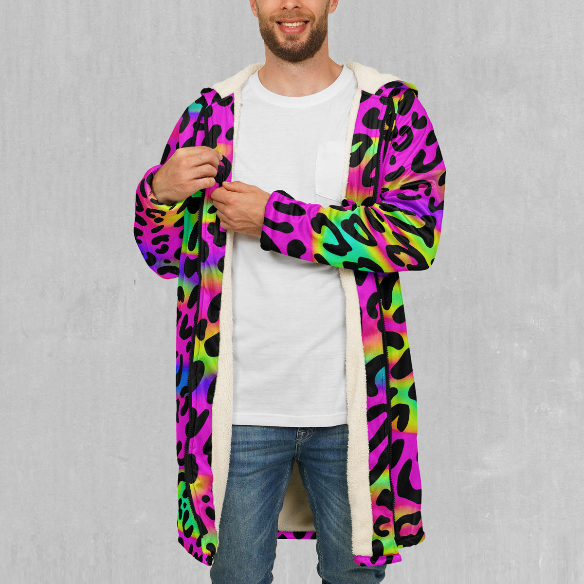 Rave Leopard Zip Up Cloak (White Fur)