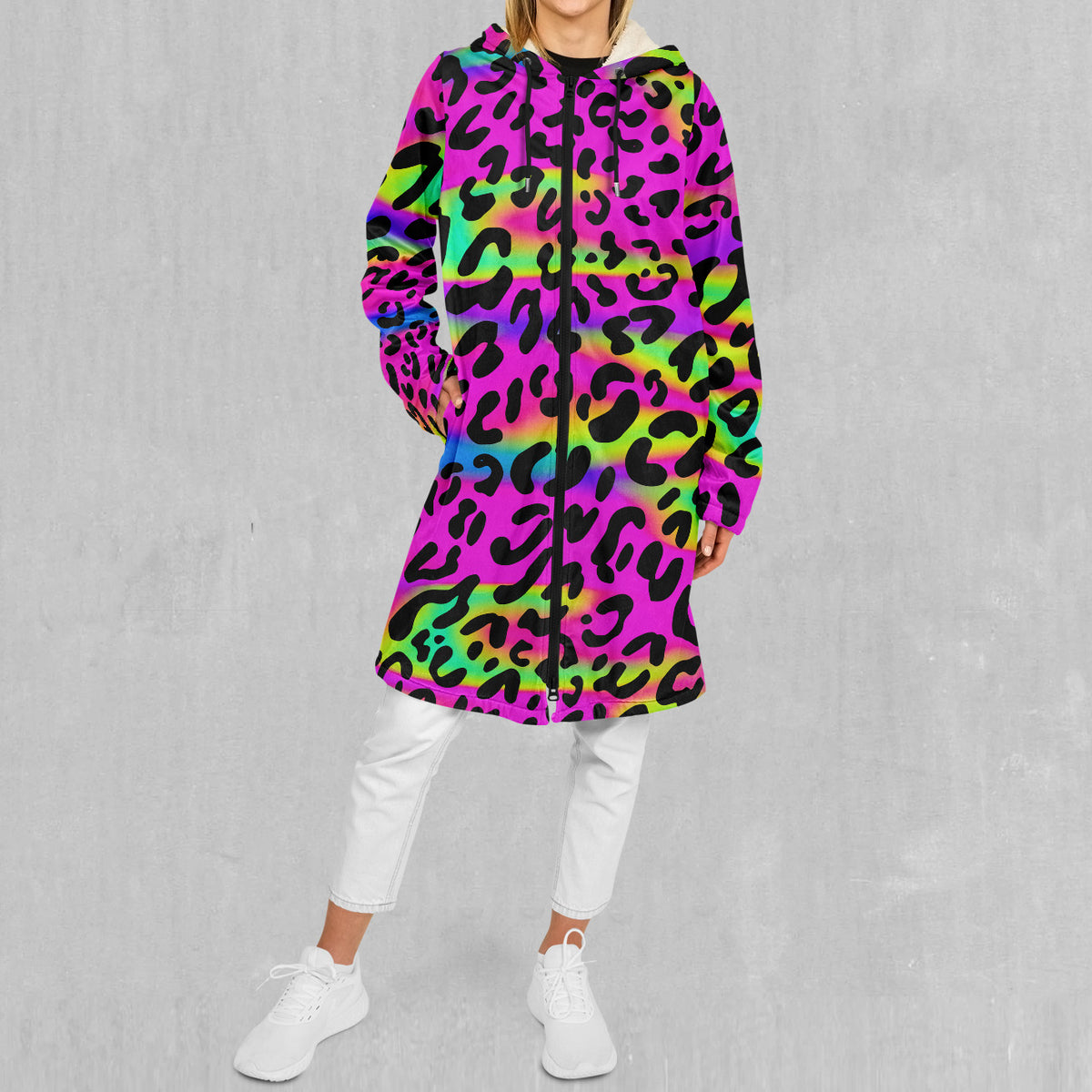 Rave Leopard Zip Up Cloak (White Fur)