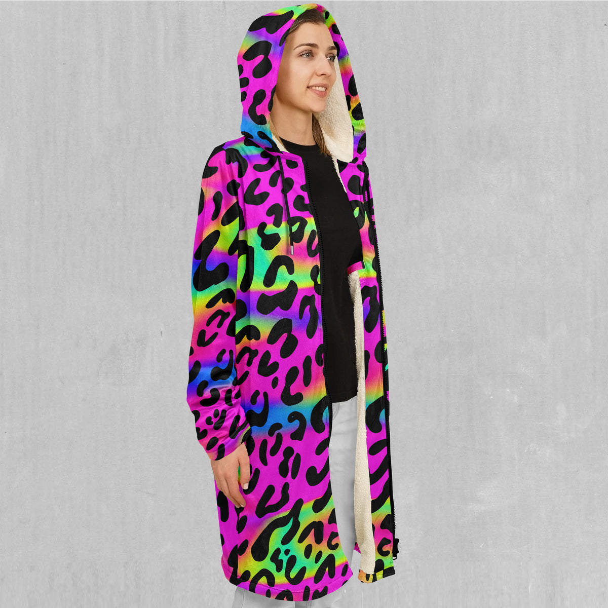 Rave Leopard Zip Up Cloak (White Fur)