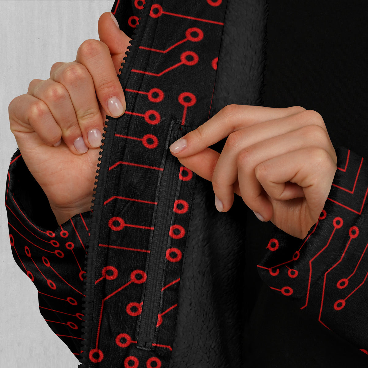 Red Cybernetic Zip Up Cloak (Black Fur)