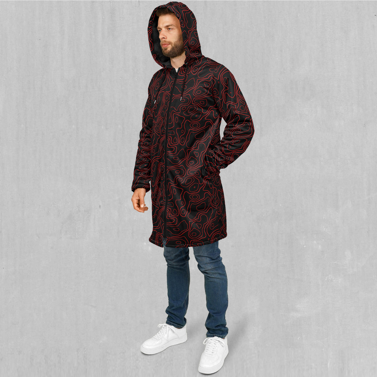 Red Topographic Zip Up Cloak (Black Fur)