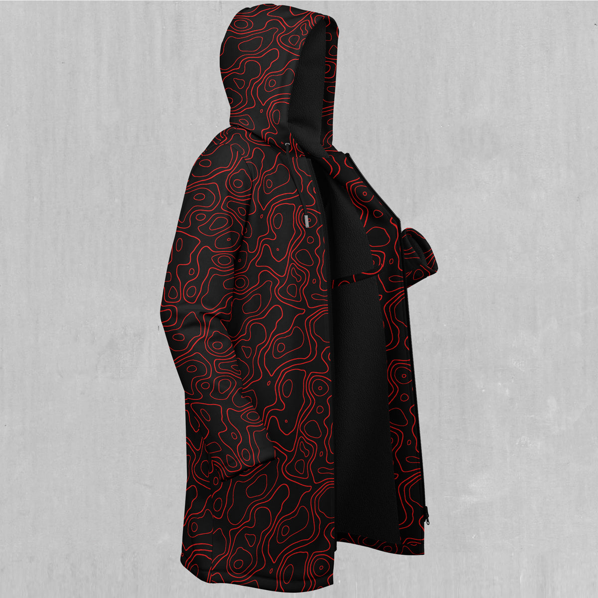 Red Topographic Zip Up Cloak (Black Fur)