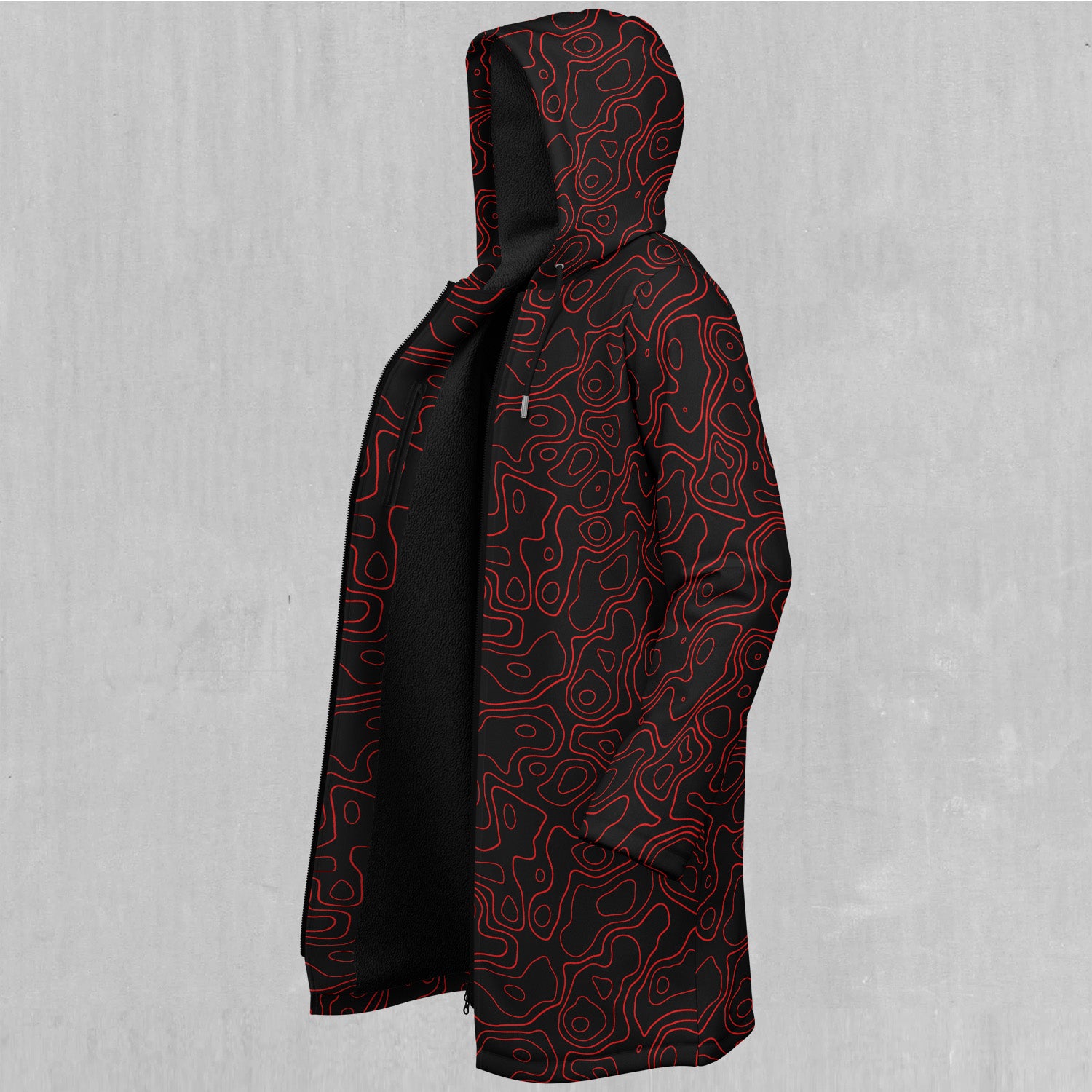 Red Topographic Zip Up Cloak (Black Fur)