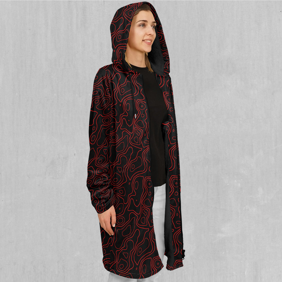 Red Topographic Zip Up Cloak (Black Fur)