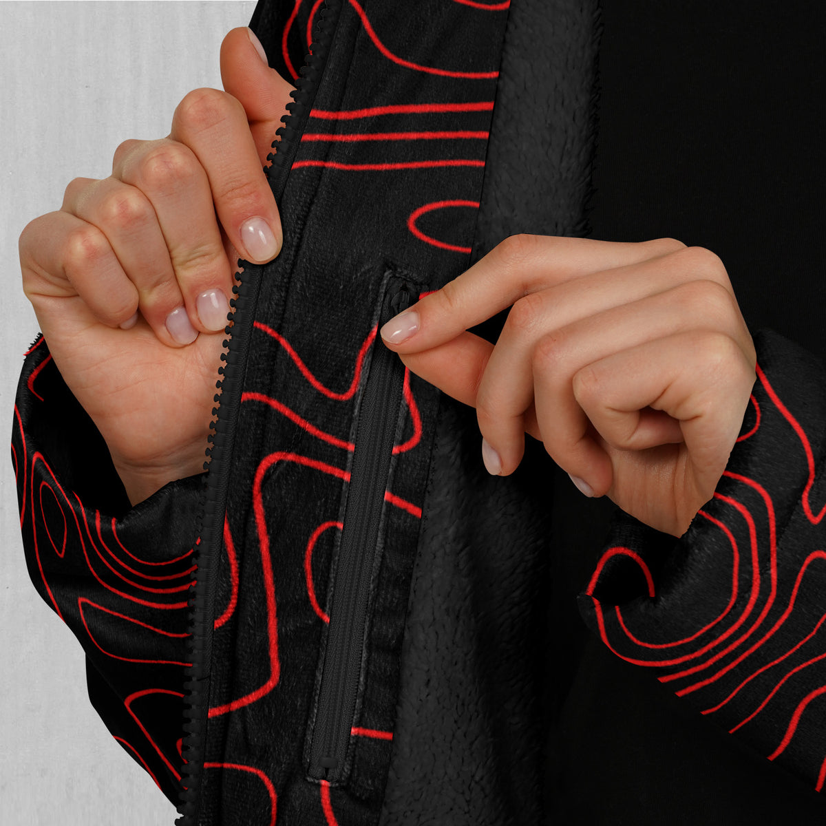 Red Topographic Zip Up Cloak (Black Fur)